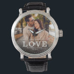 Modern Alles, was Sie brauchen, ist LIEBE Hochzeit Armbanduhr<br><div class="desc">Moderne schicke Foto-Uhr mit handgeschriebenen Schriften und moderne Typografie-Lektüre: "Alles, was Sie brauchen, ist Liebe "neben Ihren individuellen Namen und Hochzeitstag. Personalisieren Sie mit Ihrem bevorzugten Foto und Informationen. Gutes Geschenk für Neuvermählte, ein Jubiläum oder Valentinstag!</div>