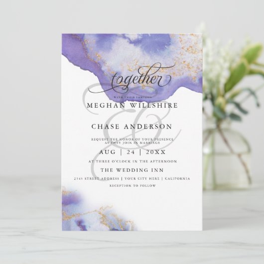 Modern Amethyst Watercolor Geode BarefootBride™ Einladung (Stehend Vorderseite)