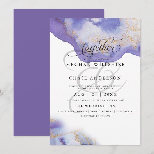 Modern Amethyst Watercolor Geode BarefootBride™ Einladung (Vorne/Hinten)