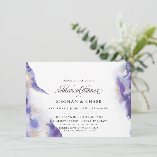 Modern Amethyst Watercolor Geode BarefootBride™ Einladung (Stehend Vorderseite)