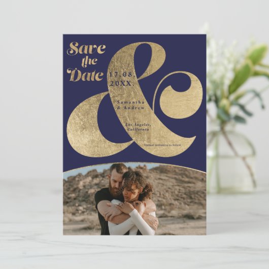 Modern Ampere und Gold 2 Fotos Save the Date (Stehend Vorderseite)