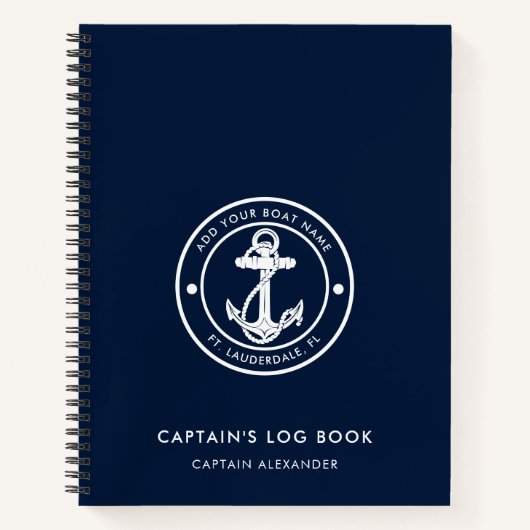 Modern Anchor Boat Name Navy Blue Captains Log Notizblock (Vorderseite)