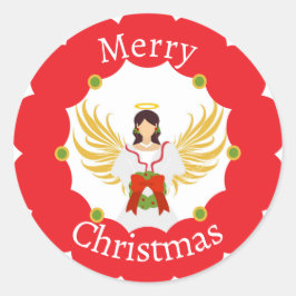 Modern Angel Merry Christmas Red Wreath Runder Aufkleber