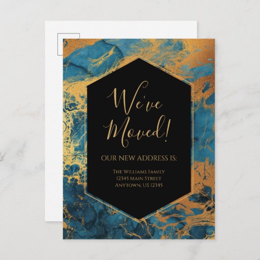 Modern Ankündigung Blue Gold Marmor Tinte Modern Postkarte (Vorne/Hinten)