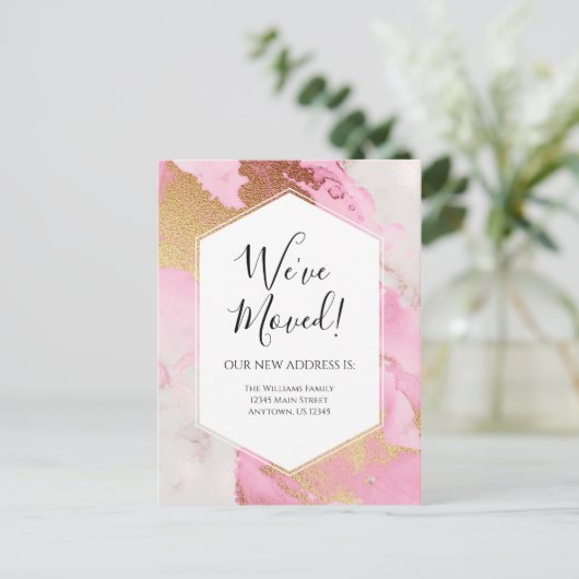 Modern Announcement Pink Gold Marmor Moderne Postkarte (Stehend Vorderseite)