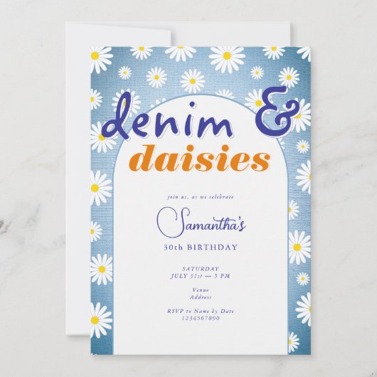 Modern any Age Arch Denim Daisis Summer Birthday Einladung (Vorderseite)
