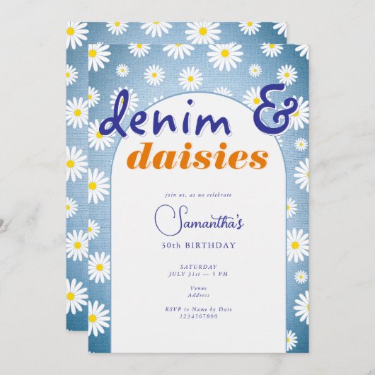 Modern any Age Arch Denim Daisis Summer Birthday Einladung (Vorne/Hinten)