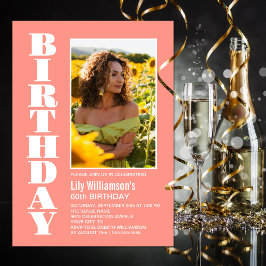 Modern any Age Coral White Foto Geburtstagsparty Einladung