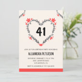 Modern Any age Floral Heart für ihren 41. Geburtst Einladung (Stehend Vorderseite)