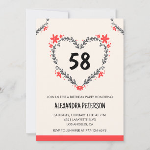 Modern Any age Floral Heart für ihren 58. Geburtst Einladung