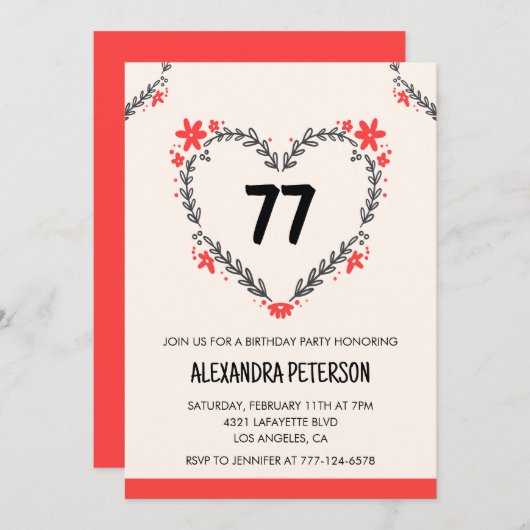 Modern Any age Floral Heart für ihren 77. Geburtst Einladung (Vorne/Hinten)