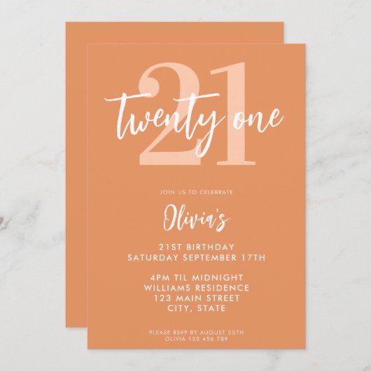 Modern Apricot Elegant 21. Geburtstag Einladung (Vorne/Hinten)