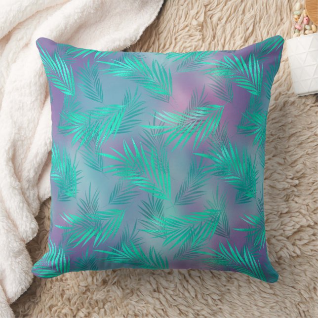 Modern Aqua Blue Palm Leaf Kissen (Decke)