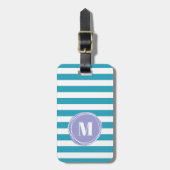 Modern Aqua Blue Stripes Monogram Gepäckanhänger (Vorderseite vertikal)