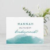 Modern Aquamarin Blue Watercolor Script Bridesmaid Einladung (Stehend Vorderseite)