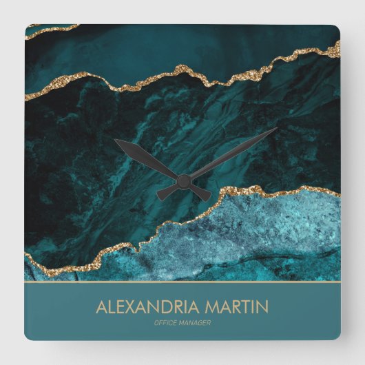 Modern Aquamarin Gold Glitzer Marbour Office Monog Quadratische Wanduhr (Vorderseite)