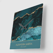 Modern Aquamarin Gold Glitzer Marbour Office Monog Quadratische Wanduhr (Winkel)