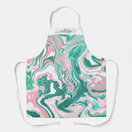 Modern Aquamariner grüner Glitzer-Marmor in Weiß r Schürze (Vorderseite)