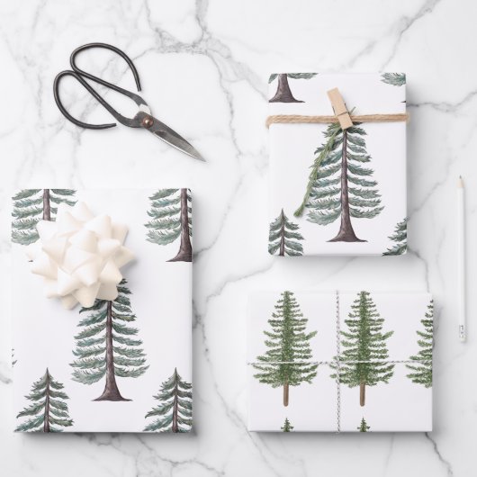 Modern Aquarell Weihnachten Grüne Pine Tree Schnee Geschenkpapier Set (Vorderseite)