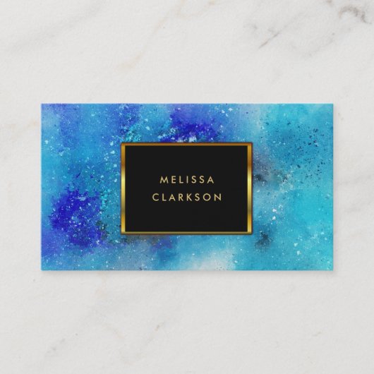 Modern Aquarellblau aquamariner Spritzer Goldrahme Visitenkarte (Vorderseite)