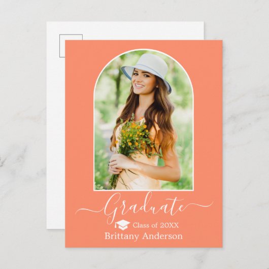 Modern Arch Cap Calligraphy Coral Peach Abschluss Postkarte (Vorne/Hinten)