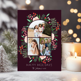 Modern Arch Frame Floral Family Christmas 3 Photo Feiertagskarte