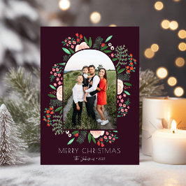 Modern Arch Frame Floral Merry Christmas Photo Feiertagskarte