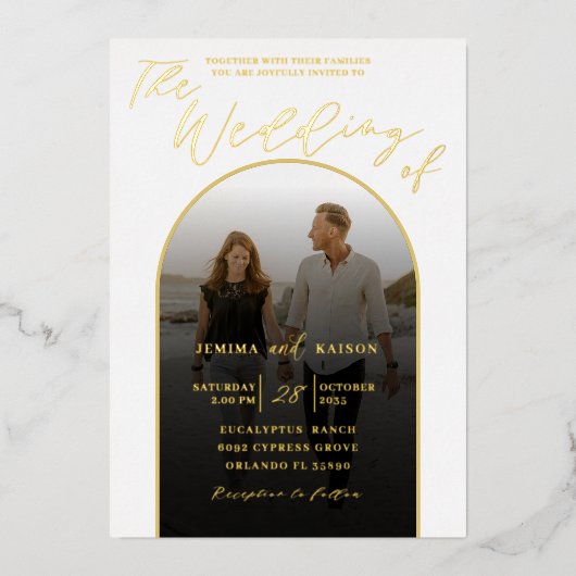 Modern Arch Gold Foil Script & Foto Wedding Folieneinladung (Vorderseite)