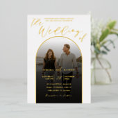 Modern Arch Gold Foil Script & Foto Wedding Folieneinladung (Stehend vorne)