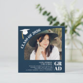 Modern arch navy blue 5 photos graduation einladung (Stehend Vorderseite)