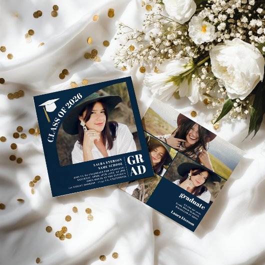 Modern arch navy blue 5 photos graduation einladung