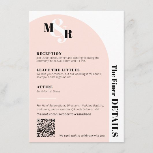 Modern Arch Pink Monogram Wedding Details Card Begleitkarte (Vorderseite)