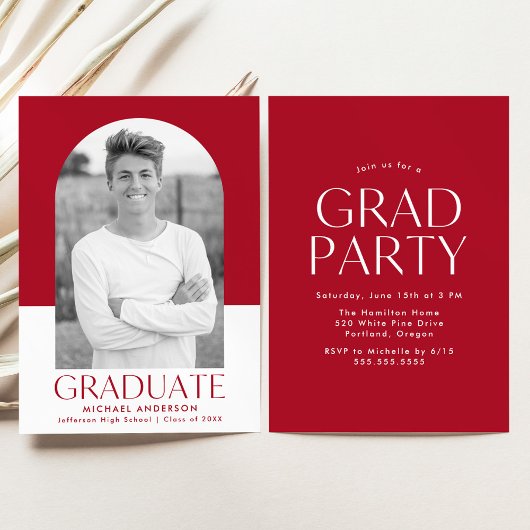 Modern Arch Red Color Block Graduation Party Einladung