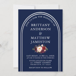 Modern Arch Wedding Burgundy Floral Blue Einladung