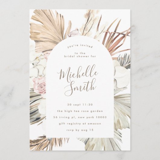 Modern Arch White Pampas Boho Desert Brautparty Einladung (Vorderseite)