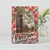 Modern Arched Photo on Plaid Feiertagskarte (Stehend Vorderseite)
