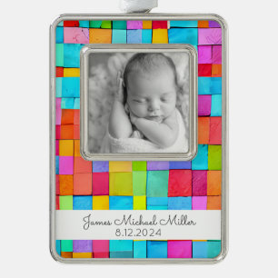 Modern Art BABY Name Birthdate Foto Farbenfroh Spa Rahmen-Ornament Silber