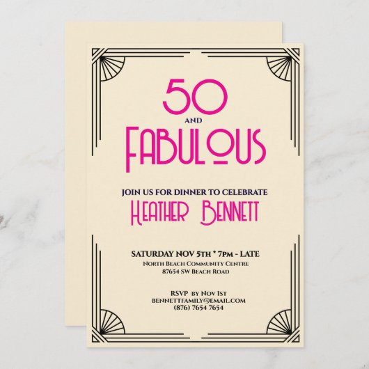 Modern Art Deco 50 and Fabulous Birthday Einladung (Vorne/Hinten)