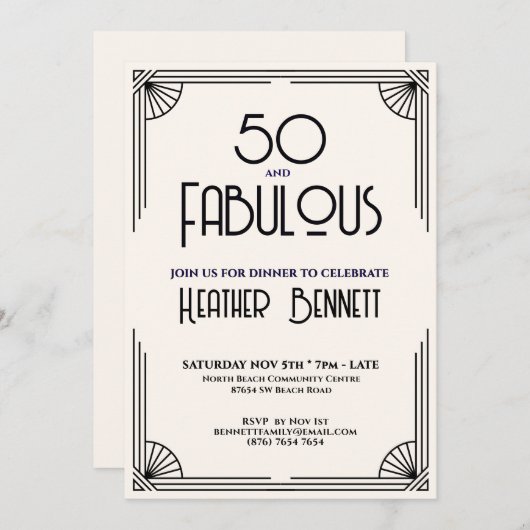 Modern Art Deco 50 and Fabulous Birthday Einladung (Vorne/Hinten)