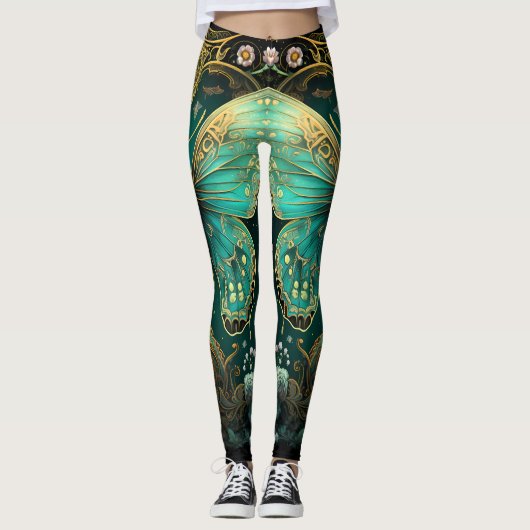 Modern Art Deco Aquamarin Blue Gold Schmetterling Leggings (Vorderseite)