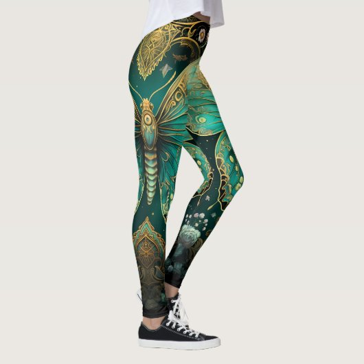 Modern Art Deco Aquamarin Blue Gold Schmetterling  Leggings (Rechts)