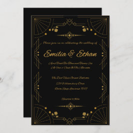 Modern Art Deco Black and Gold Wedding Invitation Einladung