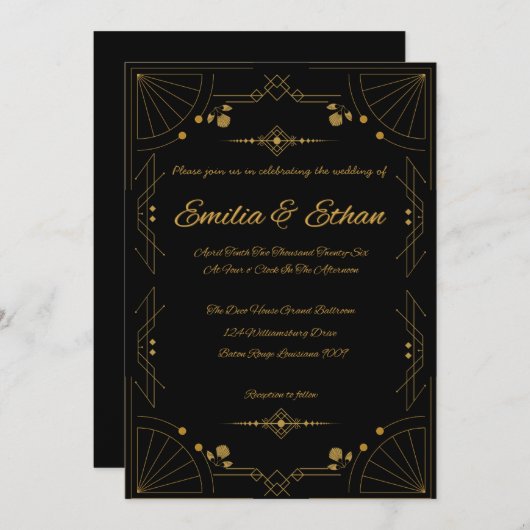 Modern Art Deco Black and Gold Wedding Invitation Einladung (Vorne/Hinten)