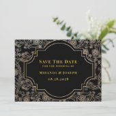 Modern Art Deco Black Gold Rose Save the Date Kart Einladung (Stehend Vorderseite)