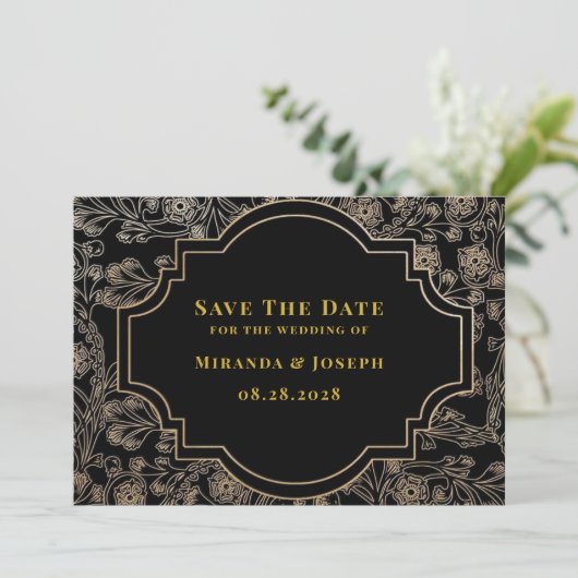 Modern Art Deco Black Gold Rose Save the Date Kart Einladung (Stehend Vorderseite)