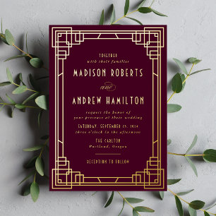 Modern Art Deco Hochzeit Wein und Gold Folieneinladung