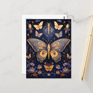 Modern Art Deco Lila Blue Gold Butterfly Postkarte