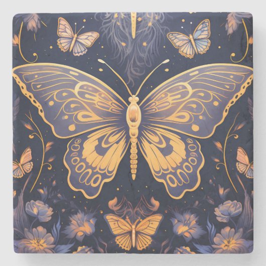 Modern Art Deco Lila Blue Gold Butterfly Steinuntersetzer (Vorderseite)