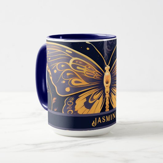 Modern Art Deco Lila Blue Gold Butterfly Tasse (Vorderseite Links)