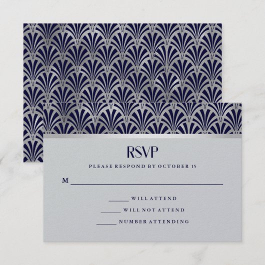 Modern Art Deco | Navy and Faux Silver RSVP (Vorne/Hinten)